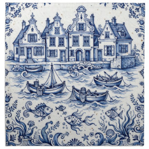 Delft Town & Fishing Harbor Cobalt Blue White Cloth Napkin