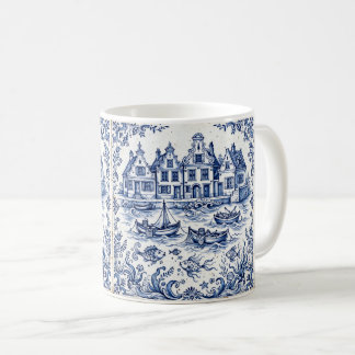 Delft Town & Fishing Harbor Cobalt Blue White  Coffee Mug