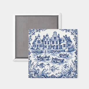 Delft Town & Fishing Harbor Cobalt Blue White  Magnet