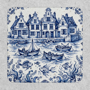 Delft Town & Fishing Harbor Cobalt Blue White Patch