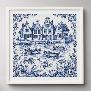 Delft Town & Fishing Harbor Cobalt Blue White Peel And Stick Photo Tile