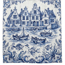 Delft Town & Fishing Harbor Cobalt Blue White 