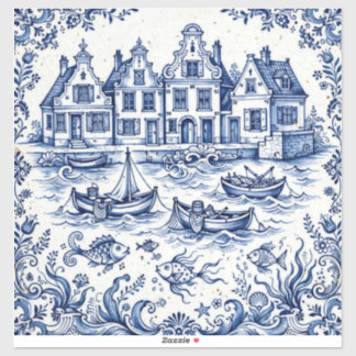 Delft Town & Fishing Harbor Cobalt Blue White  Sticker
