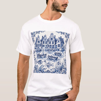 Delft Town & Fishing Harbor Cobalt Blue White  T-Shirt