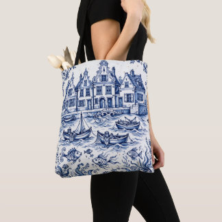 Delft Town & Fishing Harbor Cobalt Blue White  Tote Bag