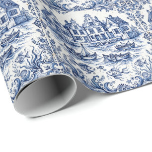 Delft Town & Fishing Harbor Cobalt Blue White Wrapping Paper
