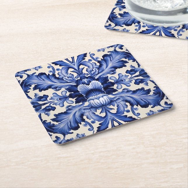 Delft Ware Blue Flower Square Paper Coaster (Angled)