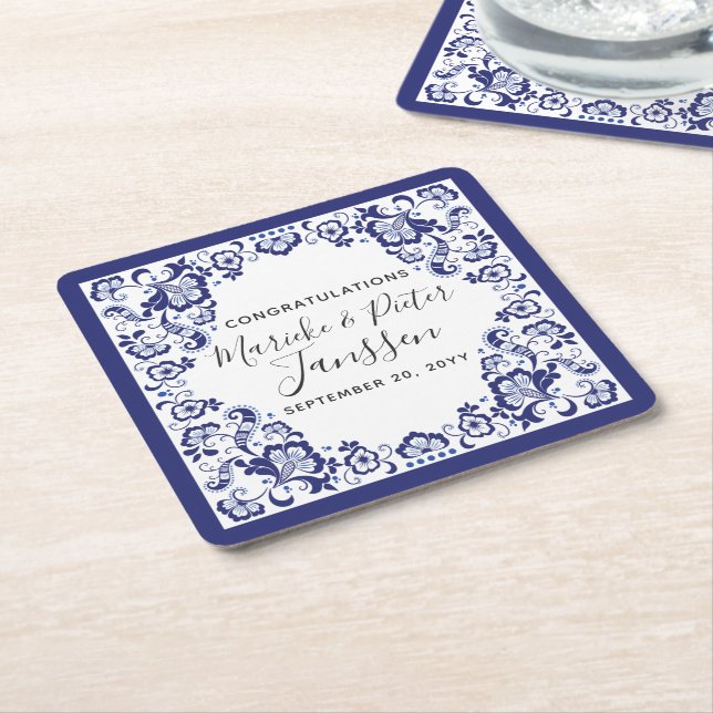 Delfts Blauw Delft Blue Dutch Wedding Dinner Square Paper Coaster (Angled)