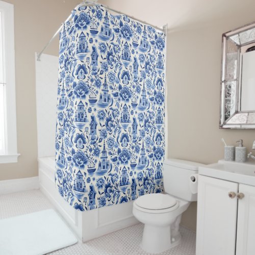 Delftware blue and white buildings and flowers shower curtain