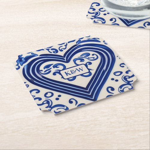 Delftware Dutch Look Painted Heart _ Monograms Paper Coaster