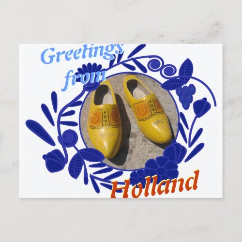 Delftware Pattern and Clogs Greetings from Holland Postcard