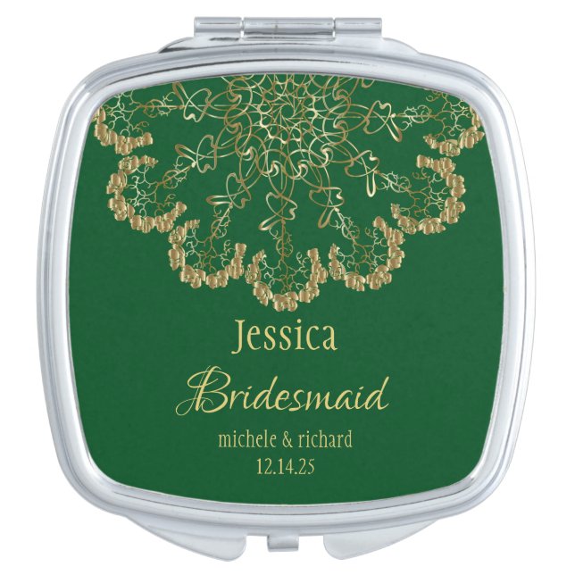 Delicat Gold and Green Bridesmaid Compact Mirror (Front)