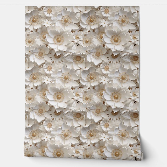 Delicate 3d white and gold flowers spring floral wallpaper  (Unrolling)