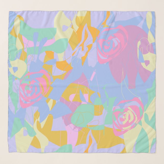 Delicate Abstract Blue Rose Floral Chiffon Scarf (Front)
