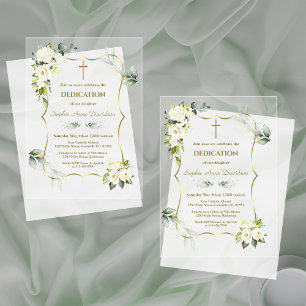Delicate Airy Greenery White Flowers Dedication Acrylic Invitations