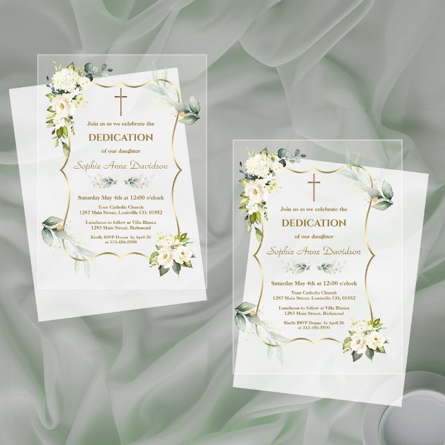 Delicate Airy Greenery White Flowers Dedication  Acrylic Invitations (Creator Uploaded)