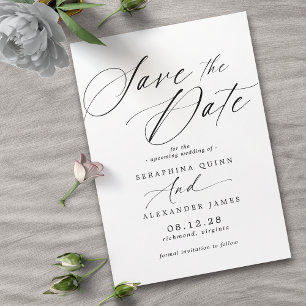 Delicate Airy Script Classic Black and White Save The Date
