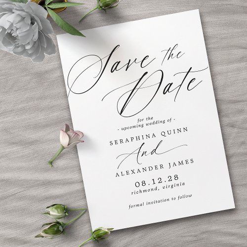Delicate Airy Script  Classic Black and White Save The Date