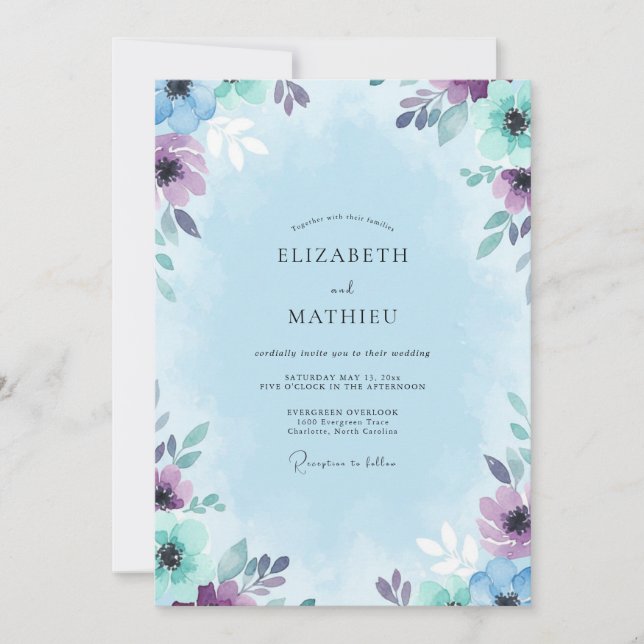 Delicate Amethyst Mint Leafy Wedding Invitation (Front)