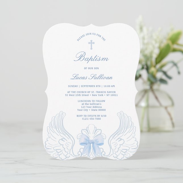 Delicate Angel Wings Blue Bow Baptism Invitation (Standing Front)