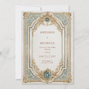Delicate Aqua Gold Rococo Frame Victorian Wedding Invitation