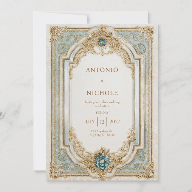 Delicate Aqua Gold Rococo Frame Victorian Wedding Invitation (Front)