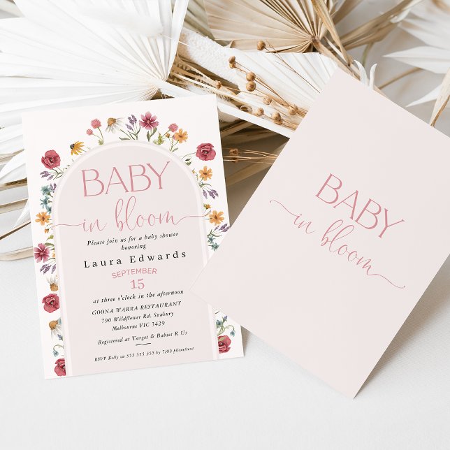 Delicate Arch Wildflower Baby Shower Invitation (Modern wildflowers baby in bloom baby shower invitation featuring a blush colored arch and flowers.)