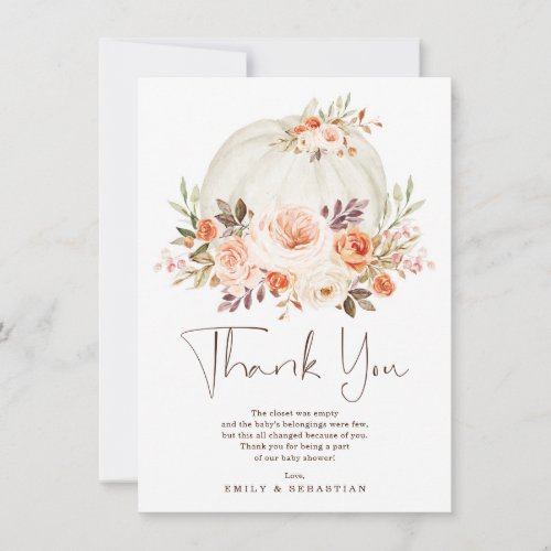 Delicate Autumn Pumpkin Fall Floral Baby Shower Thank You Card