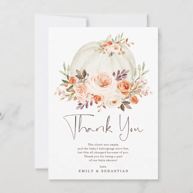 Delicate Autumn Pumpkin Fall Floral Baby Shower Thank You Card | Zazzle