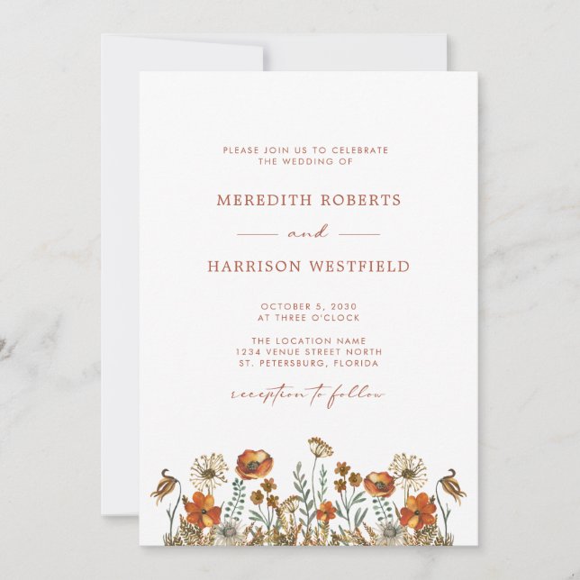 Delicate Autumn Wildflowers Simple Elegant Wedding Invitation (Front)