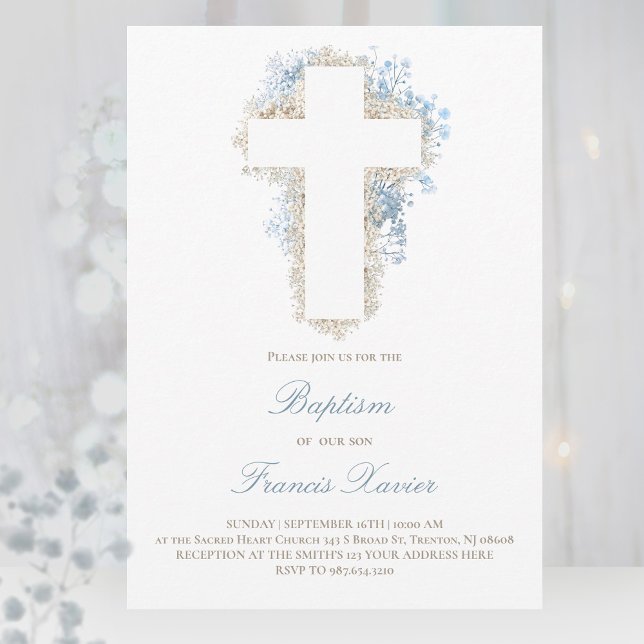 delicate baby's breath flowers cross Baptism  Invitation (Creator Uploaded)