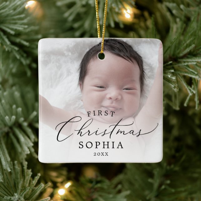 Delicate Baby's First Christmas Newborn Photo Ceramic Ornament (Tree)