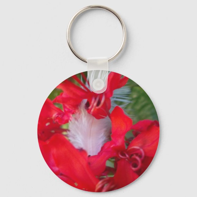Delicate Beauty: Red Flower with White Feather Keychain (Front)