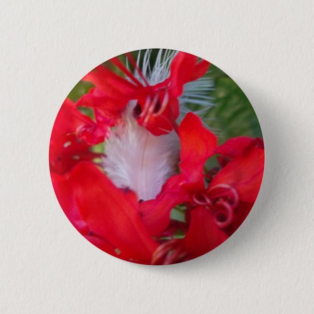 Delicate Beauty: Red Flower with White Feather Pinback Button (Front)