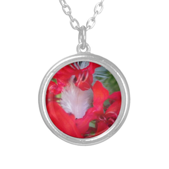 Delicate Beauty: Red Flower with White Feather Silver Plated Necklace (Front)