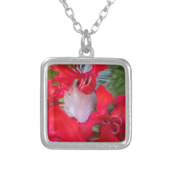 Delicate Beauty: Red Flower with White Feather Silver Plated Necklace (Front)