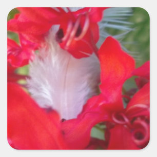 Delicate Beauty: Red Flower with White Feather Square Sticker