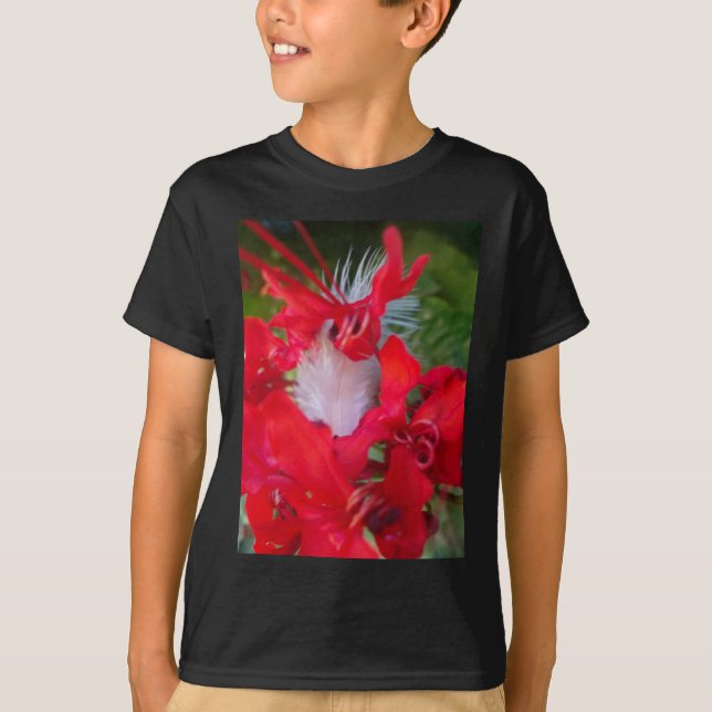 Delicate Beauty: Red Flower with White Feather T-Shirt (Front)