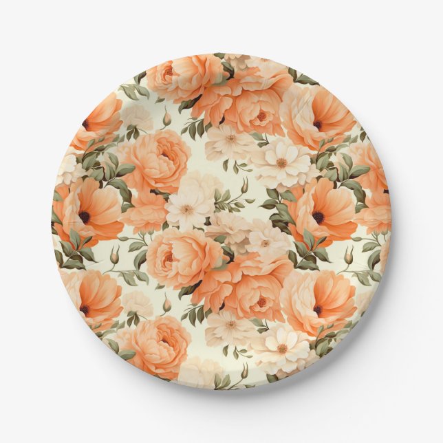 Delicate beige peach flowers paper plates (Front)