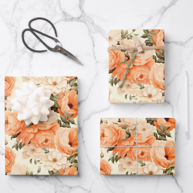 Delicate beige peach flowers wrapping paper sheets (Front)