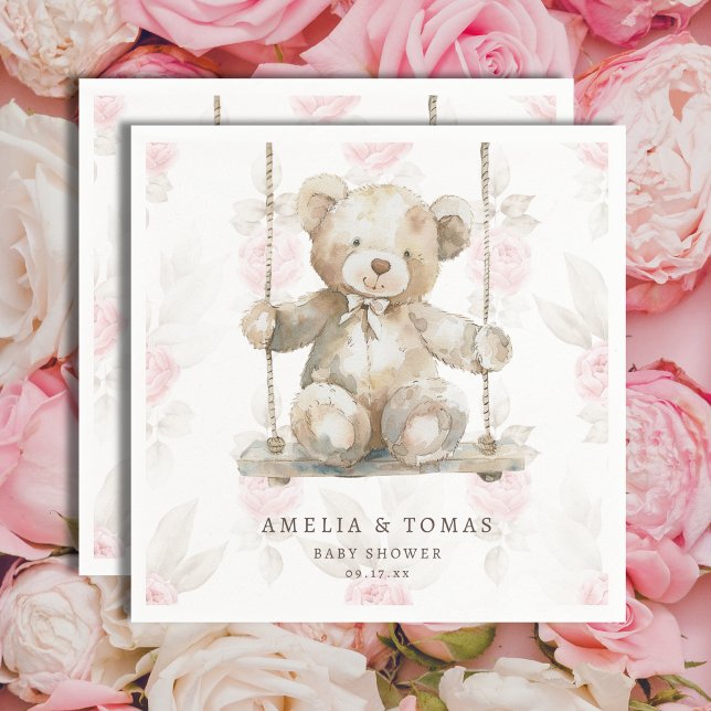 Delicate Beige Teddy Bear Pink Floral Baby Girl Napkins (Creator Uploaded)
