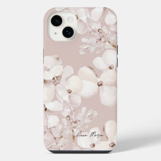 Delicate Beige White Watercolor Flowers Monogram iPhone 14 Plus Case