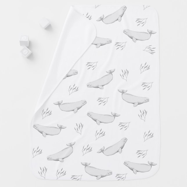 Delicate Beluga Whales And Sea Weed Illustration  Baby Blanket (In Situ)