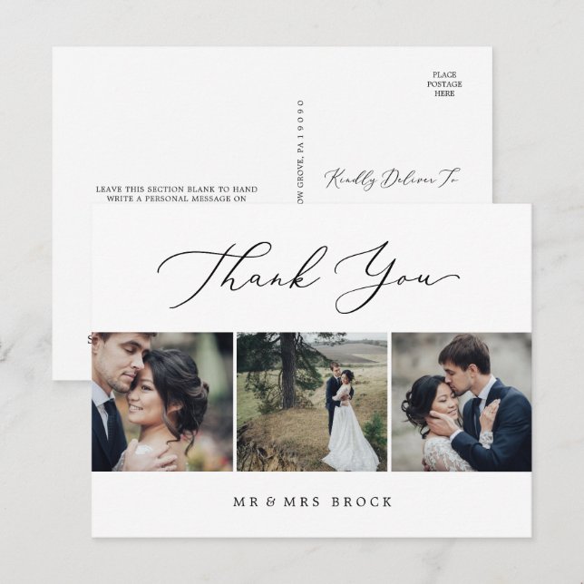 Delicate Black 3 Photo Template Thank You Postcard (Front/Back)