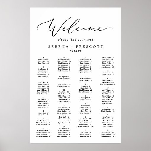 Delicate Black Alphabetical Seating Chart | Zazzle