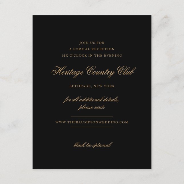 Delicate Black and Gold Script Wedding Reception Enclosure Card (Front)