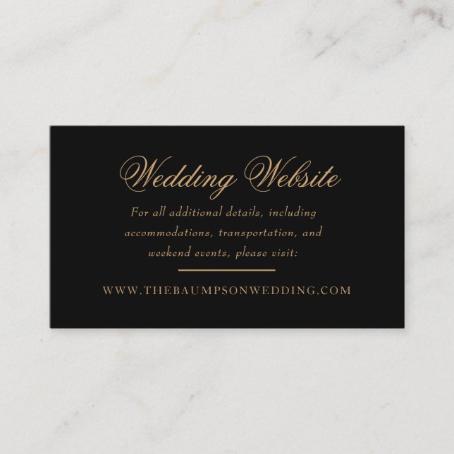 Delicate Black and Gold Script Wedding Website Enclosure Card (Front)