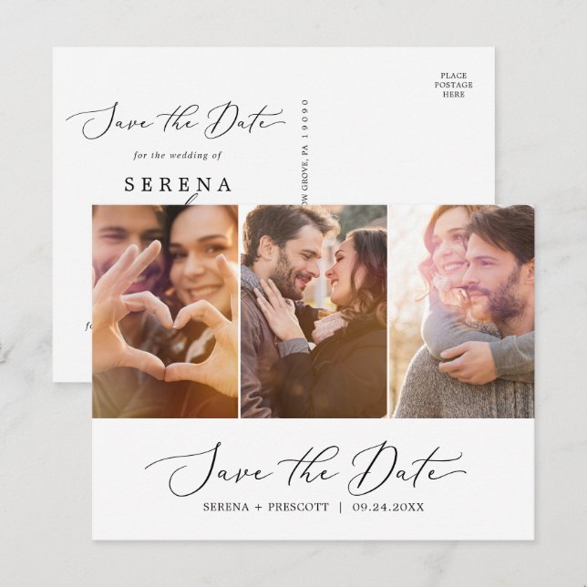 Delicate Black Calligraphy 3 Photo Save the Date Invitation Postcard (Front/Back)