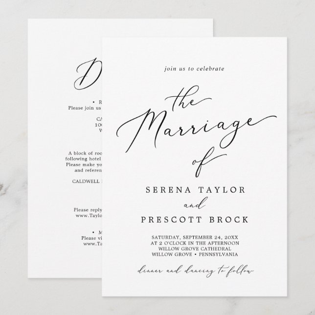 Delicate Black Calligraphy All In One Marriage Invitation (Front/Back)