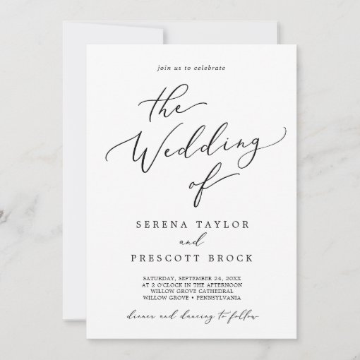 Delicate Black Calligraphy All In One Wedding Invitation | Zazzle